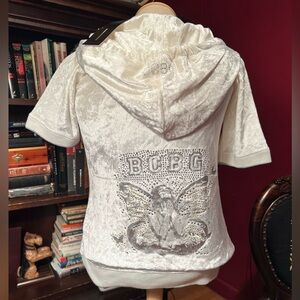 BCBG White Crushed Velvet Rhinestone Butterfly Short Sleeve Tracksuit NWT Size M